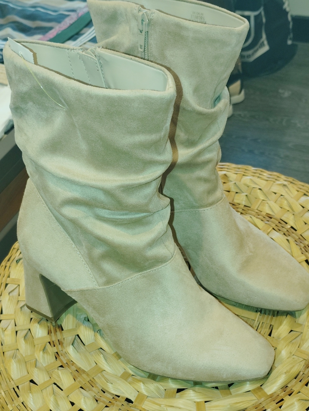 Slouchy Mid-Calf Heeled Boots in Beige Faux Suede